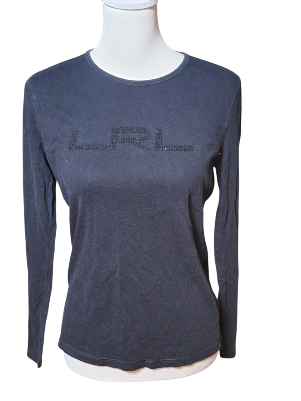 LRL Ralph Lauren Womens Small Beaded Black Shirt Cotton Preppy Logo Y2K 90s